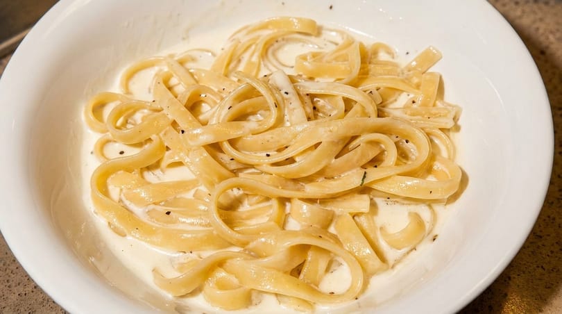 Creamy fettuccine alfredo with black pepper in a white bowl.