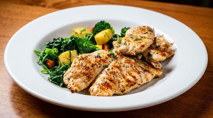Grilled chicken breasts with sautéed spinach, broccoli, and diced potatoes on a white plate.