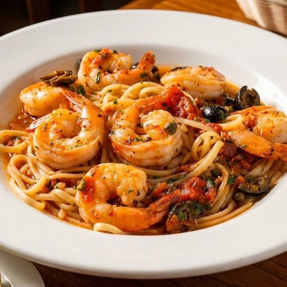 Linguine pasta with shrimp, tomato sauce, olives, and capers in a white bowl.