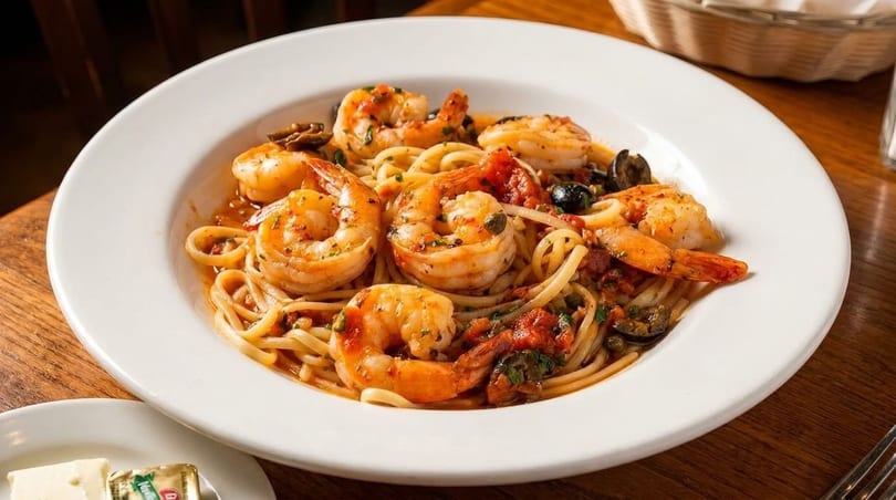 Linguine pasta with shrimp, tomato sauce, olives, and capers in a white bowl.