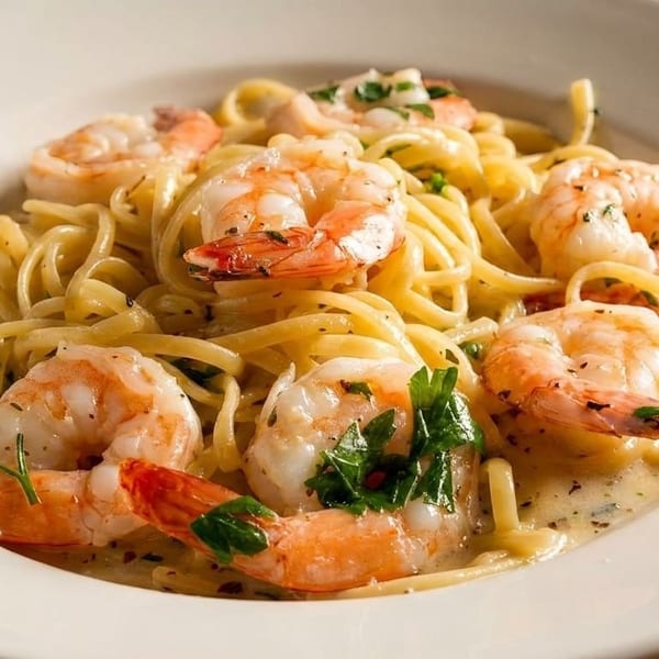 Shrimp scampi with linguine pasta, creamy sauce, and fresh parsley in a white bowl.