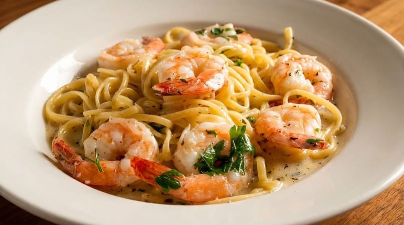 Shrimp scampi with linguine pasta, creamy sauce, and fresh parsley in a white bowl.