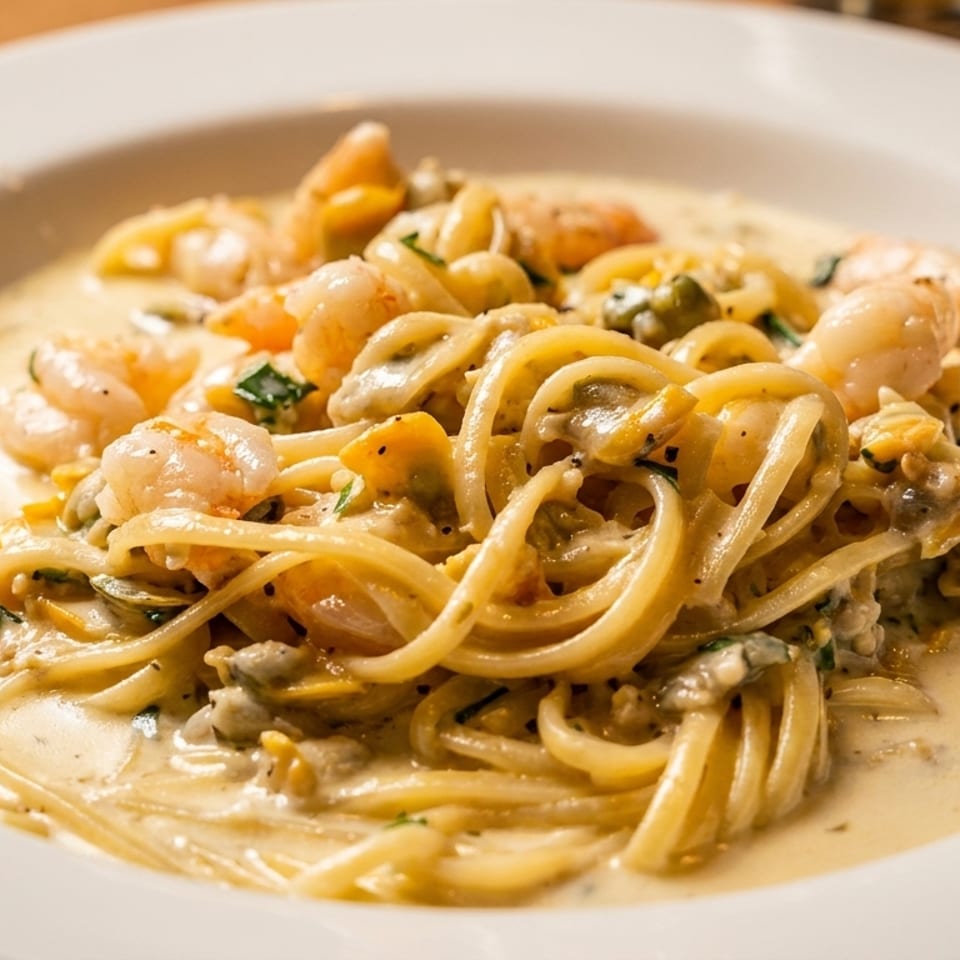 Creamy seafood pasta with shrimp and clams in a white bowl on a wooden table.