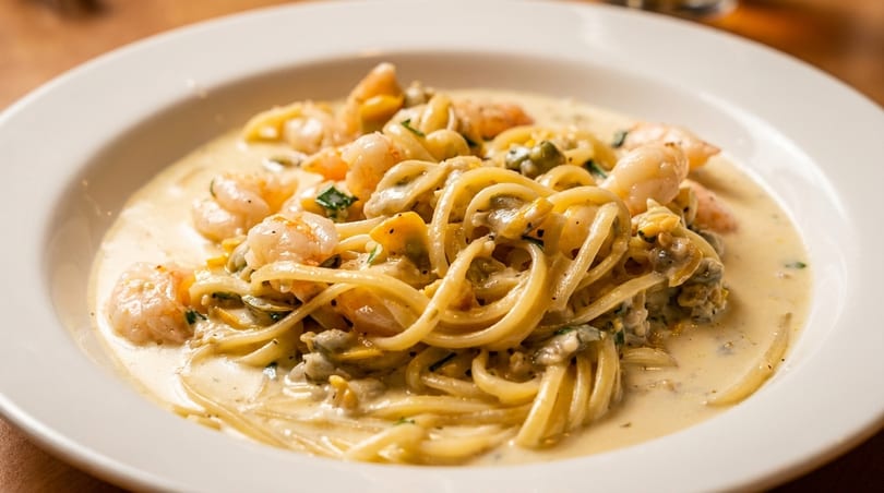 Creamy seafood pasta with shrimp and clams in a white bowl on a wooden table.