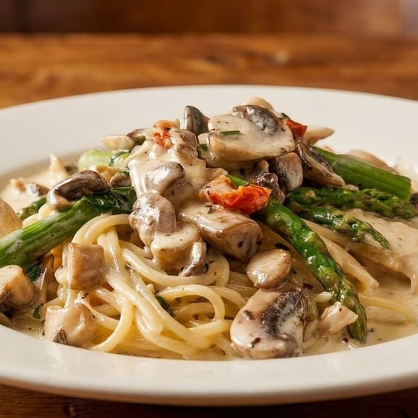 Creamy pasta dish with chicken, mushrooms, asparagus, and sun-dried tomatoes on a white plate.