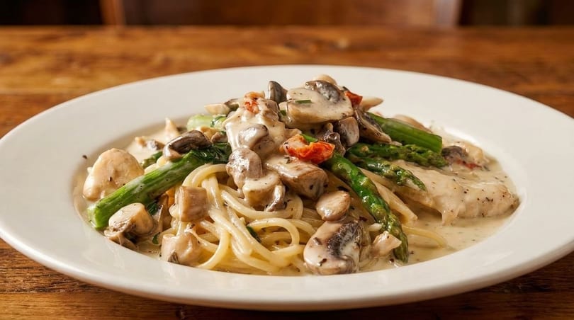 Creamy pasta dish with chicken, mushrooms, asparagus, and sun-dried tomatoes on a white plate.