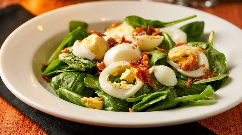 Spinach salad with sliced hard-boiled eggs and crumbled bacon in a white bowl.