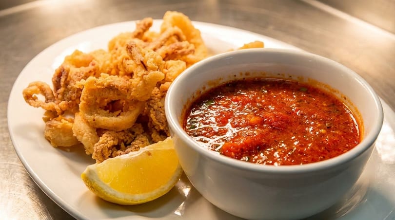 Crispy fried calamari with a lemon wedge and a side of red marinara sauce.