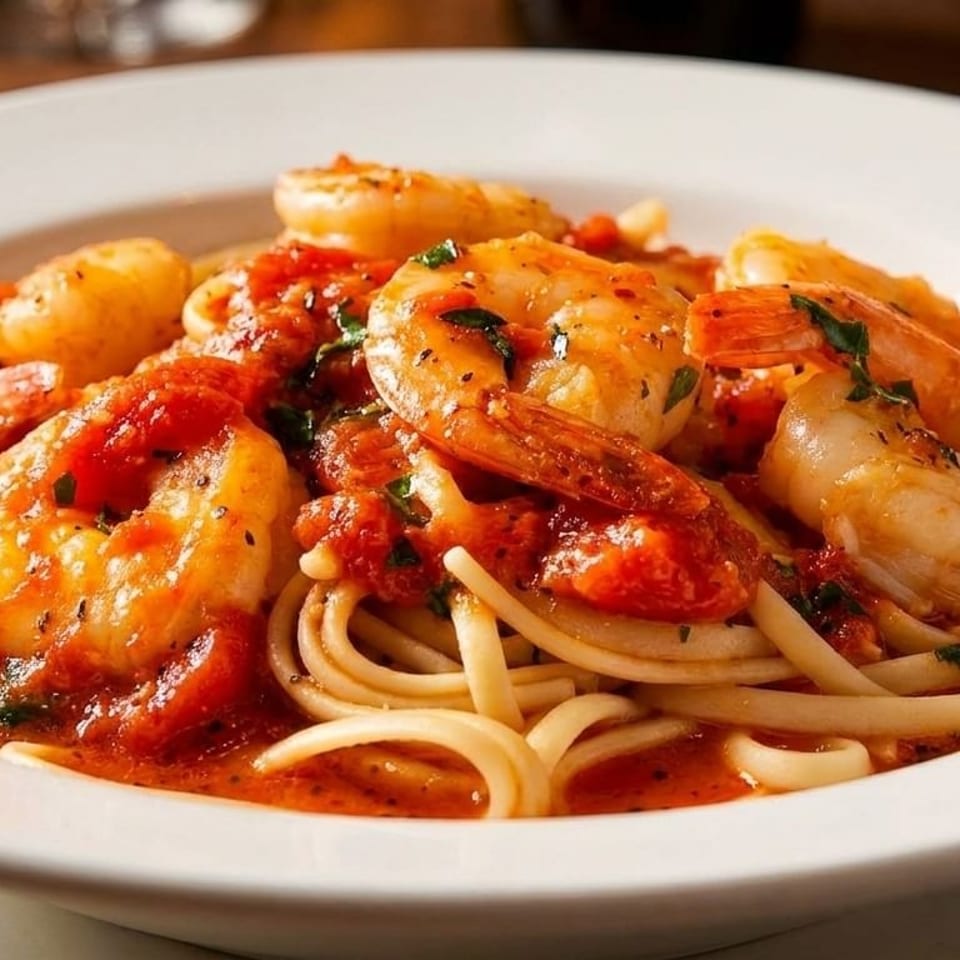 Close-up of shrimp scampi with linguine pasta and red sauce in a white bowl.