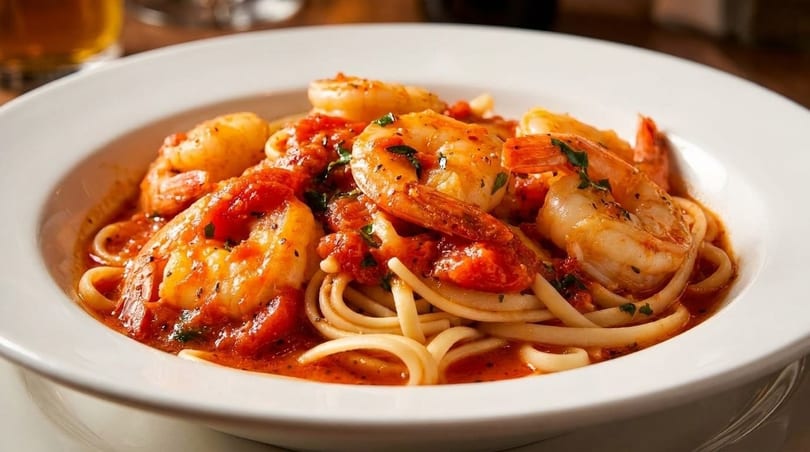 Close-up of shrimp scampi with linguine pasta and red sauce in a white bowl.