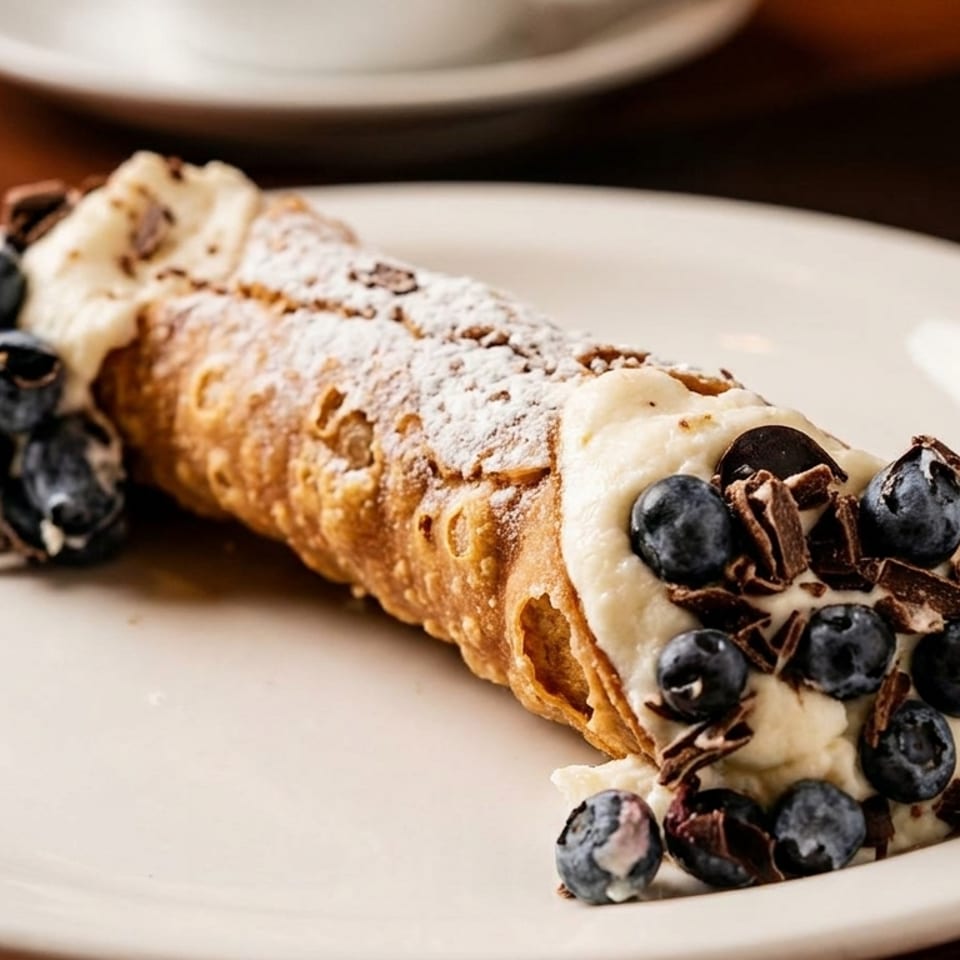 A cannoli filled with cream, topped with blueberries, chocolate shavings, and powdered sugar on a white plate.