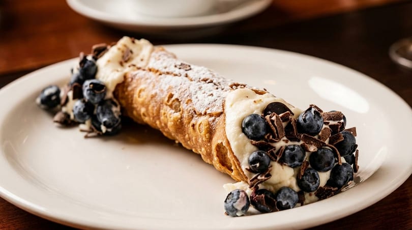 A cannoli filled with cream, topped with blueberries, chocolate shavings, and powdered sugar on a white plate.